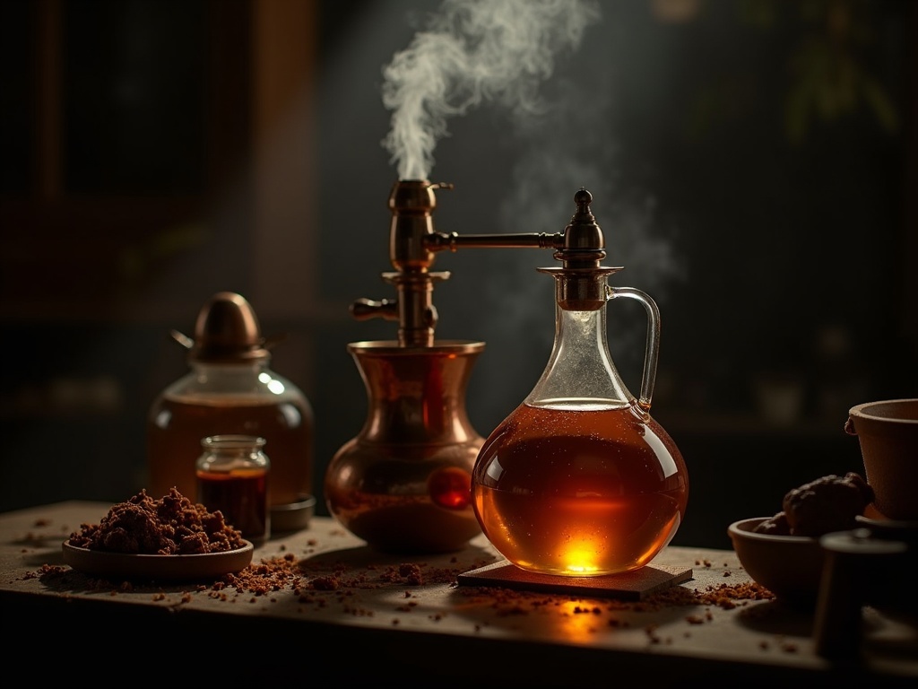 Traditional copper still distilling oud oil from agarwood chips