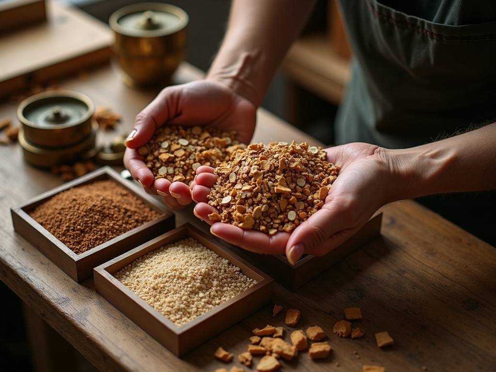 Hands grading and weighing agarwood chips into resin-grade trays