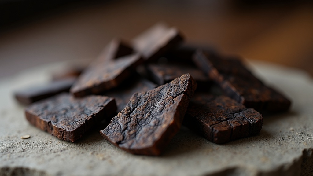 Macro close-up of resin-rich Indonesian agarwood chips on a neutral surface